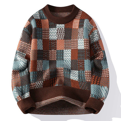 Men’s Pullover Sweater – Relaxed Fit – Knit Patchwork – Ribbed Crew Neck and Cuffs