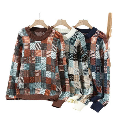 Men’s Pullover Sweater – Relaxed Fit – Knit Patchwork – Ribbed Crew Neck and Cuffs