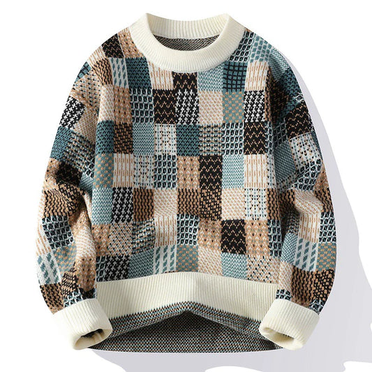 Men’s Pullover Sweater – Relaxed Fit – Knit Patchwork – Ribbed Crew Neck and Cuffs