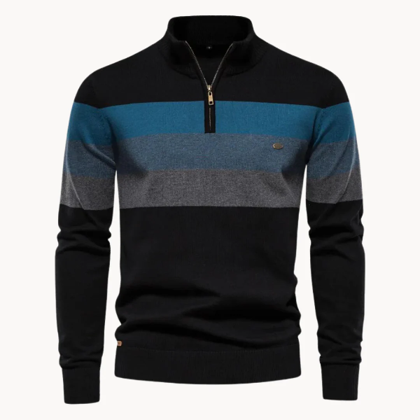 Men’s Quarter-Zip Sweater – Slim Fit – Wool Blend – Ribbed Trim – Striped Chest