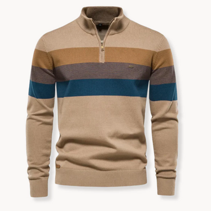 Men’s Quarter-Zip Sweater – Slim Fit – Wool Blend – Ribbed Trim – Striped Chest