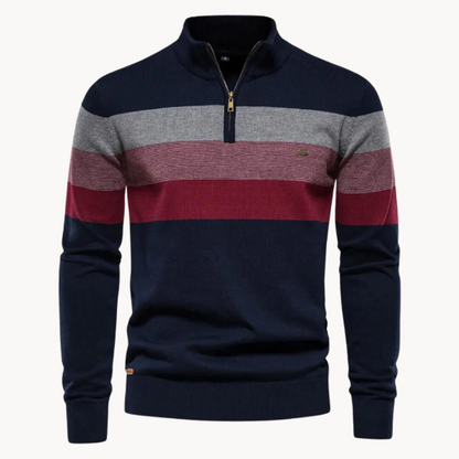 Men’s Quarter-Zip Sweater – Slim Fit – Wool Blend – Ribbed Trim – Striped Chest