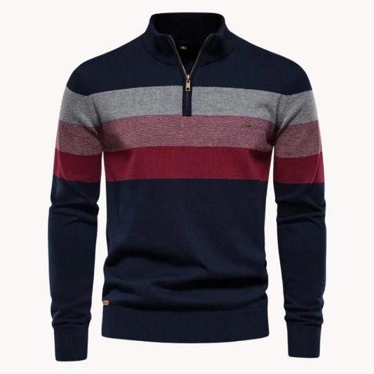 Men’s Quarter-Zip Sweater – Slim Fit – Wool Blend – Ribbed Trim – Striped Chest