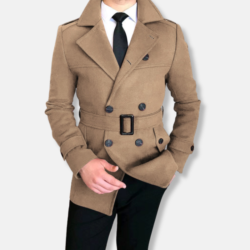 Men’s Short Jacket – Tailored Fit – Wool Blend – Double-Breasted – Belted Waist