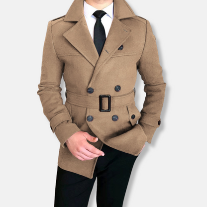 Men’s Short Jacket – Tailored Fit – Wool Blend – Double-Breasted – Belted Waist