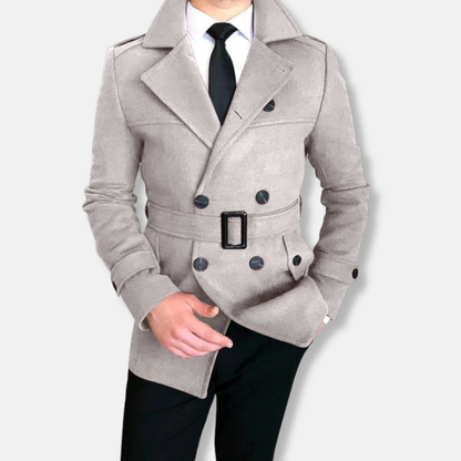 Men’s Short Jacket – Tailored Fit – Wool Blend – Double-Breasted – Belted Waist