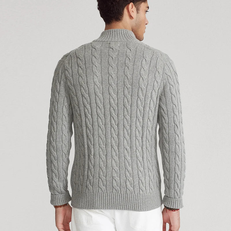 Men’s Sweater – Cotton Knit – Regular Fit – Cable Knit with Zip Collar