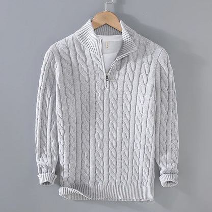 Men’s Sweater – Cotton Knit – Regular Fit – Cable Knit with Zip Collar