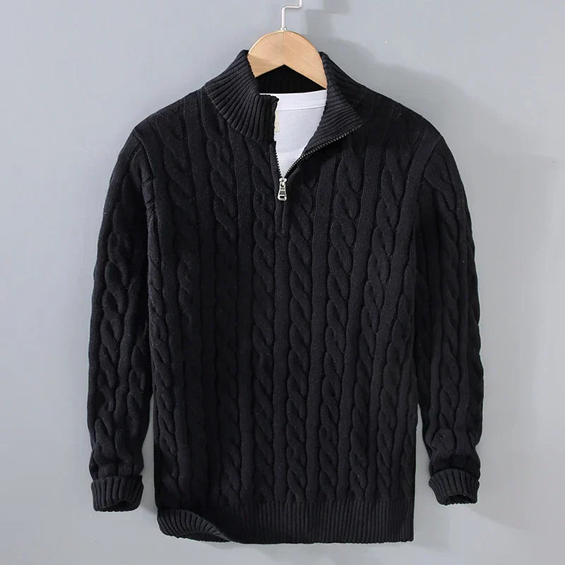 Men’s Sweater – Cotton Knit – Regular Fit – Cable Knit with Zip Collar