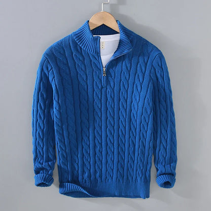Men’s Sweater – Cotton Knit – Regular Fit – Cable Knit with Zip Collar