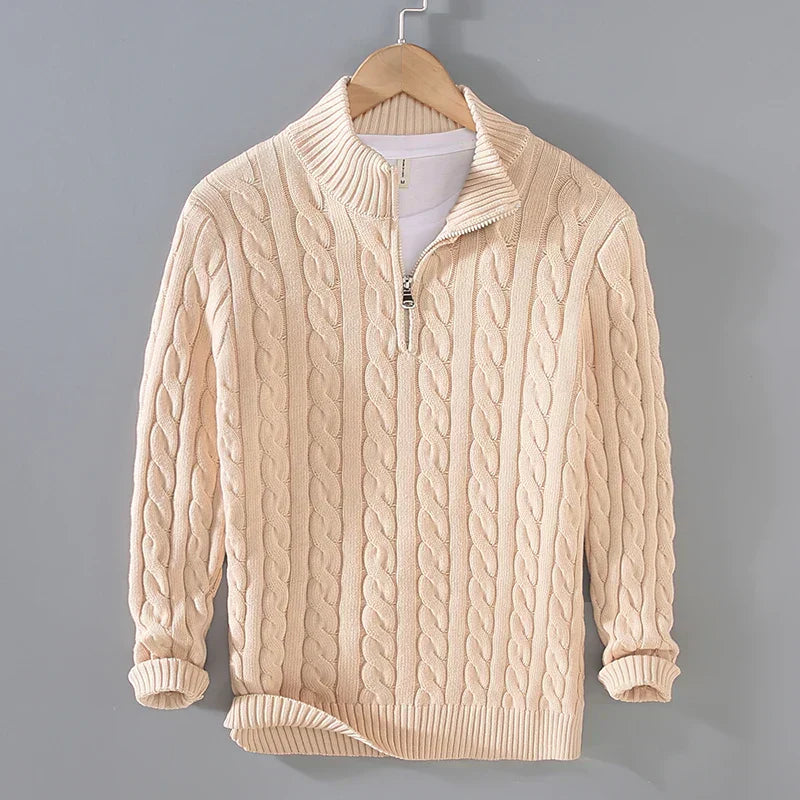 Men’s Sweater – Cotton Knit – Regular Fit – Cable Knit with Zip Collar