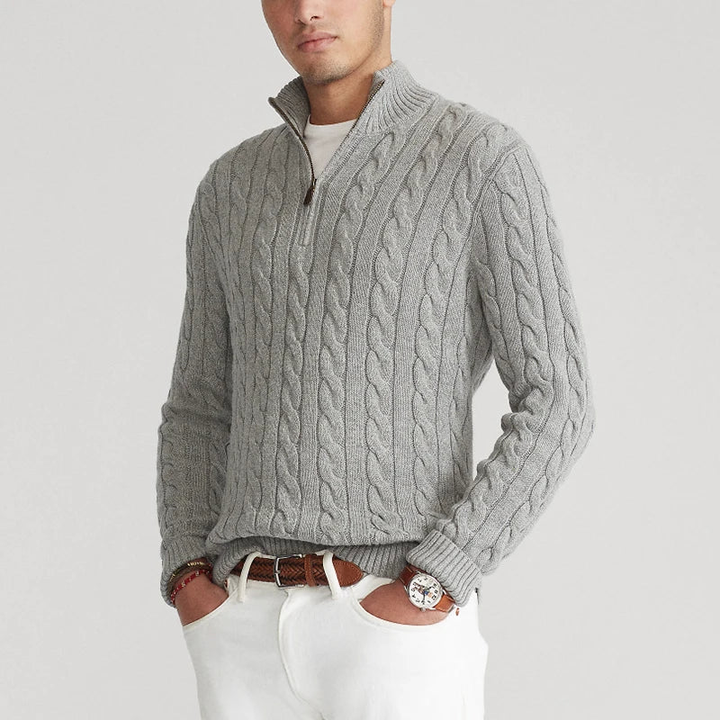 Men’s Sweater – Cotton Knit – Regular Fit – Cable Knit with Zip Collar