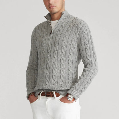 Men’s Sweater – Cotton Knit – Regular Fit – Cable Knit with Zip Collar