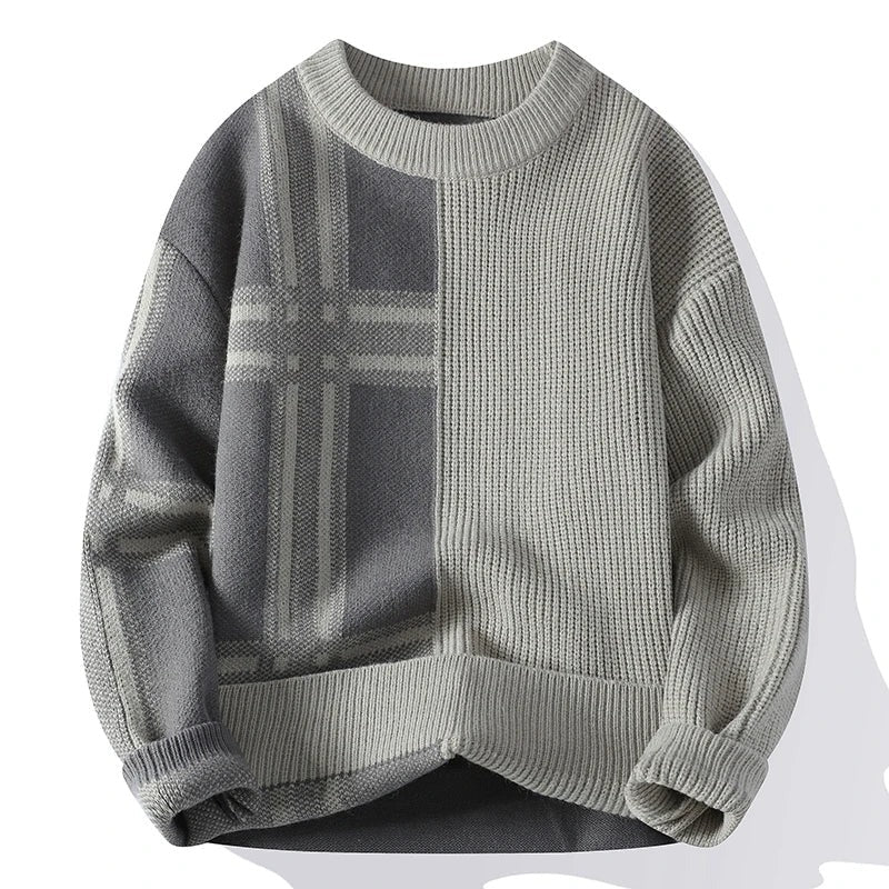 Men’s Sweater – Relaxed Fit – Wool-Like Ribbed Texture – Patchwork Check Design – Long Sleeve