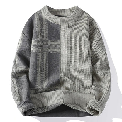 Men’s Sweater – Relaxed Fit – Wool-Like Ribbed Texture – Patchwork Check Design – Long Sleeve