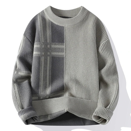 Men’s Sweater – Relaxed Fit – Wool-Like Ribbed Texture – Patchwork Check Design – Long Sleeve