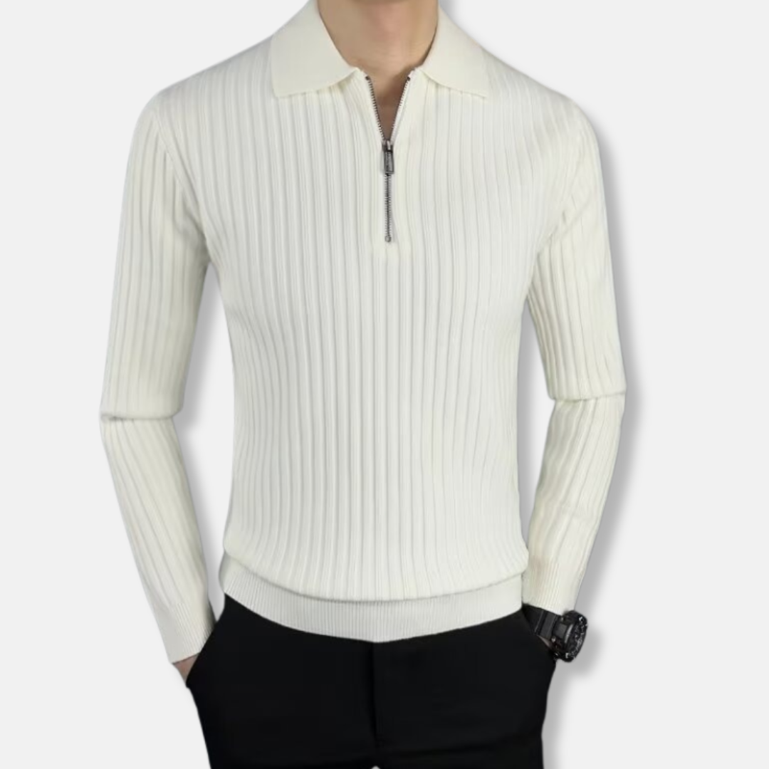 Men’s Sweater – Slim Fit – Rib-Knit Texture – Polo Collar – Half Zip – Long Sleeve