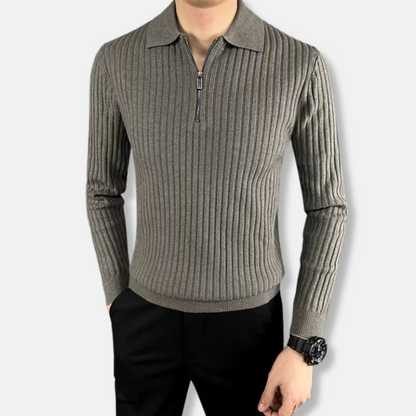 Men’s Sweater – Slim Fit – Rib-Knit Texture – Polo Collar – Half Zip – Long Sleeve