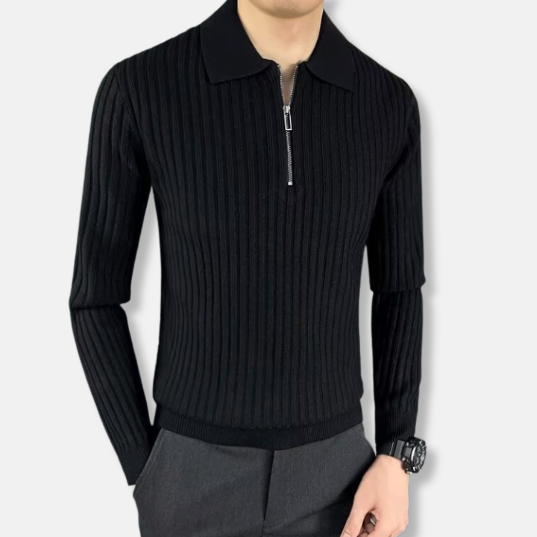 Men’s Sweater – Slim Fit – Rib-Knit Texture – Polo Collar – Half Zip – Long Sleeve