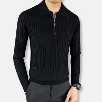 Men’s Sweater – Slim Fit – Rib-Knit Texture – Polo Collar – Half Zip – Long Sleeve