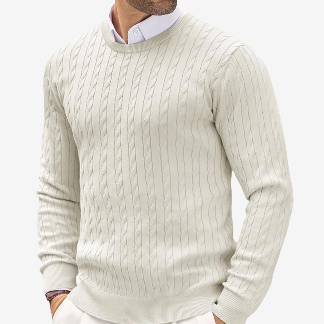 Men’s Sweater – Wool Blend – Tailored Fit – Crew Neck Cable Knit Long Sleeve
