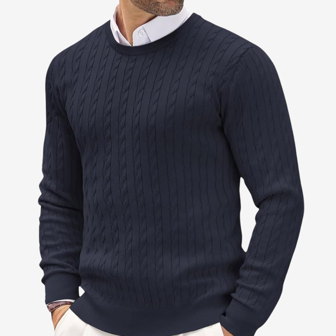 Men’s Sweater – Wool Blend – Tailored Fit – Crew Neck Cable Knit Long Sleeve