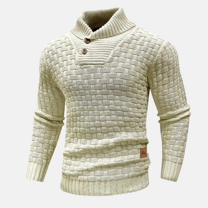 Men's Sweater – Wool Knit – Regular Fit – Shawl Collar – Button Neck – Long Sleeve