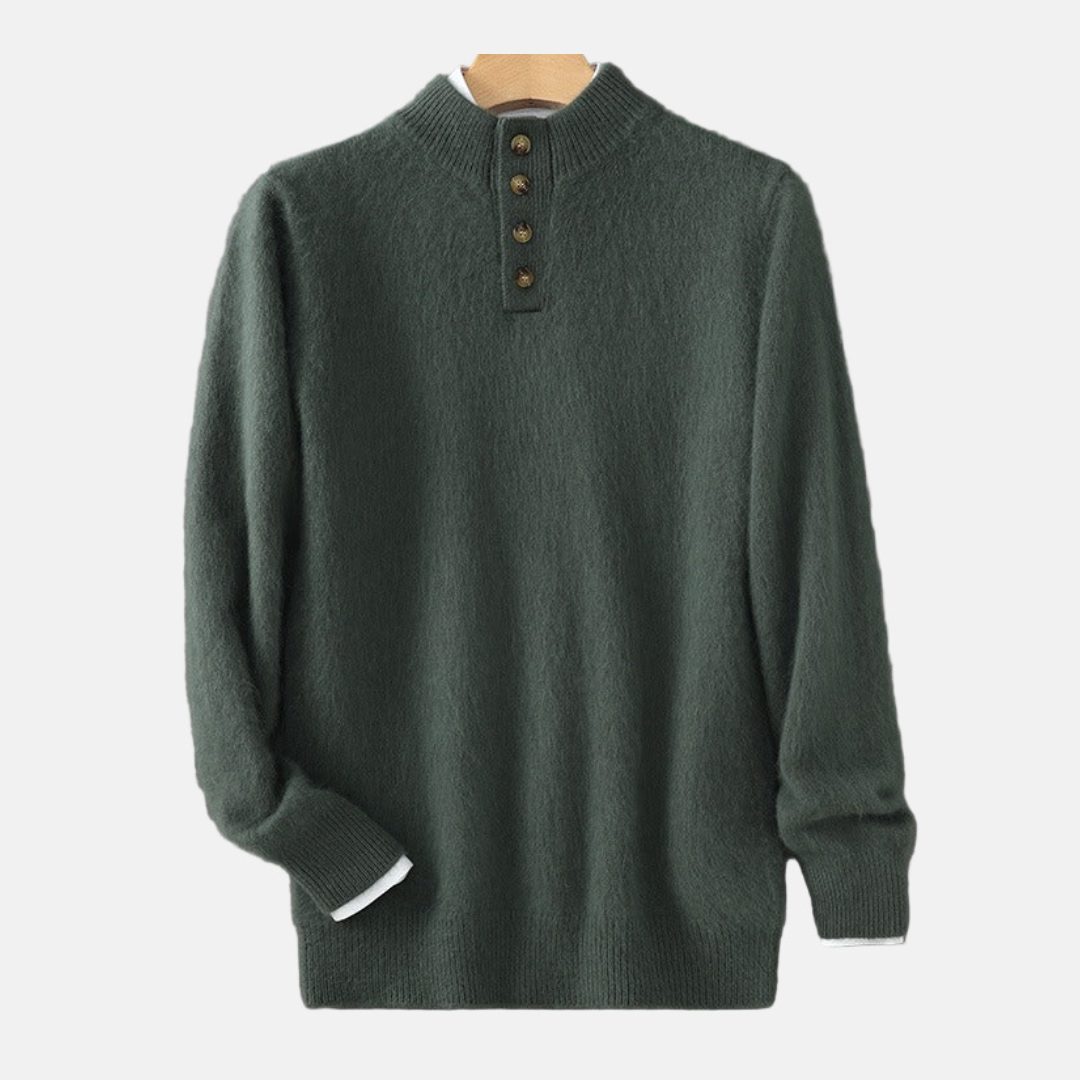 Men’s Sweatshirt – Regular Fit – Wool Blend – Mock Neck – Button Placket – Ribbed Trims