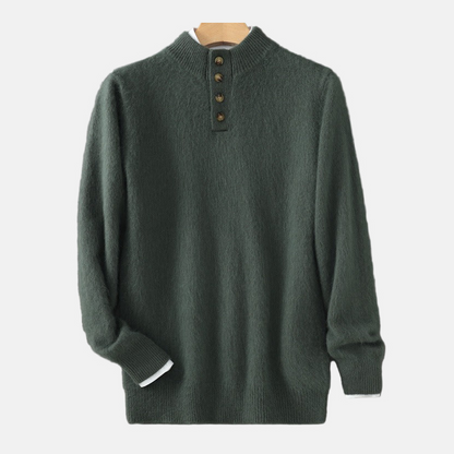 Men’s Sweatshirt – Regular Fit – Wool Blend – Mock Neck – Button Placket – Ribbed Trims