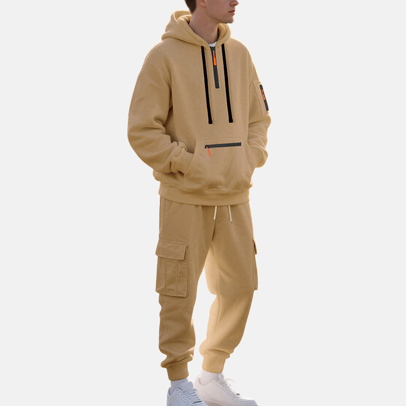 Men’s Tracksuit Set – Relaxed Fit Half-Zip Hoodie – Cargo Joggers with Tapered Leg