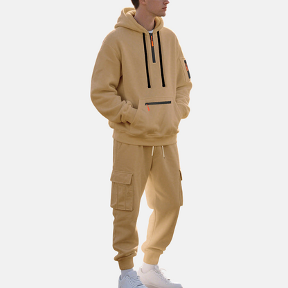 Men’s Tracksuit Set – Relaxed Fit Half-Zip Hoodie – Cargo Joggers with Tapered Leg