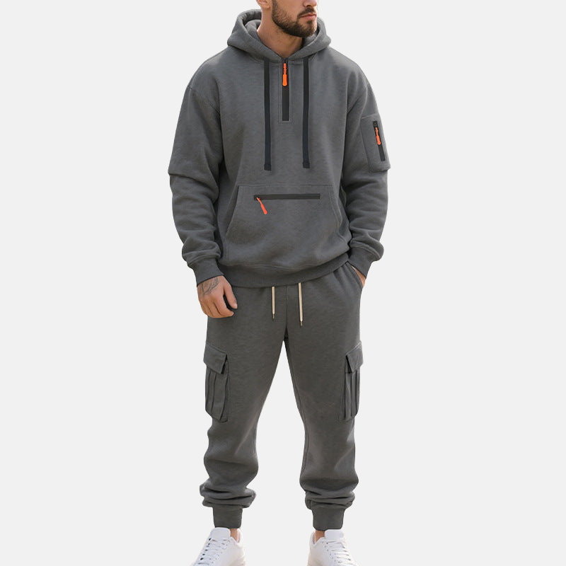 Men’s Tracksuit Set – Relaxed Fit Half-Zip Hoodie – Cargo Joggers with Tapered Leg