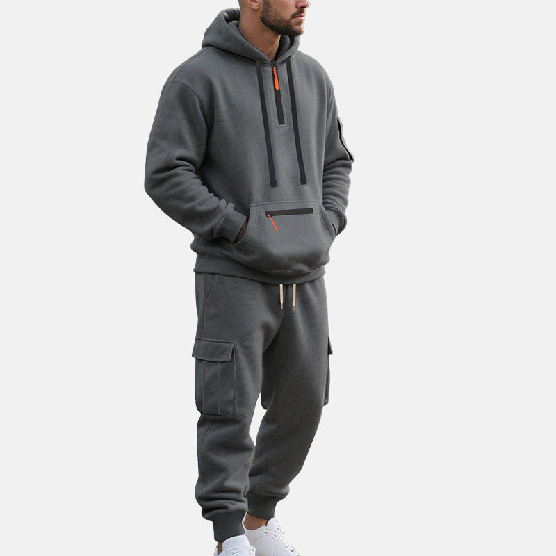 Men’s Tracksuit Set – Relaxed Fit Half-Zip Hoodie – Cargo Joggers with Tapered Leg