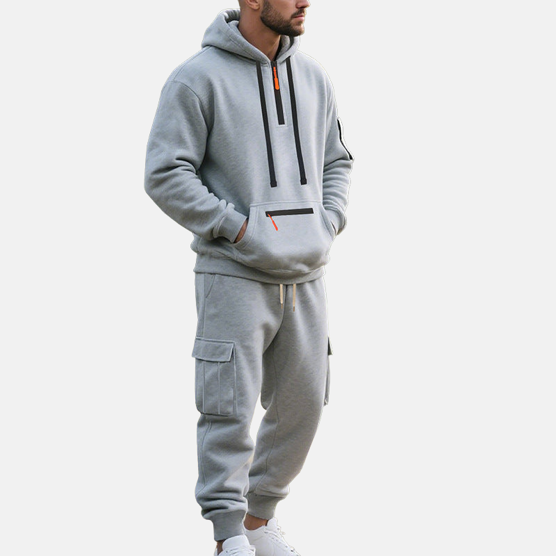 Men’s Tracksuit Set – Relaxed Fit Half-Zip Hoodie – Cargo Joggers with Tapered Leg