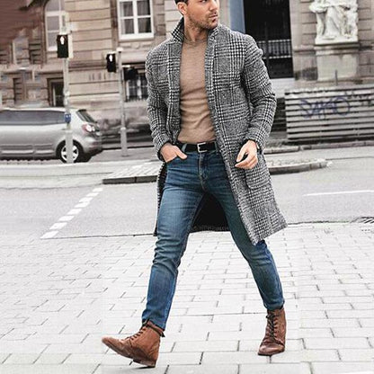 Men’s Trench Coat – Slim Fit – Wool Blend – Long Length – Checkered – Notch Lapel