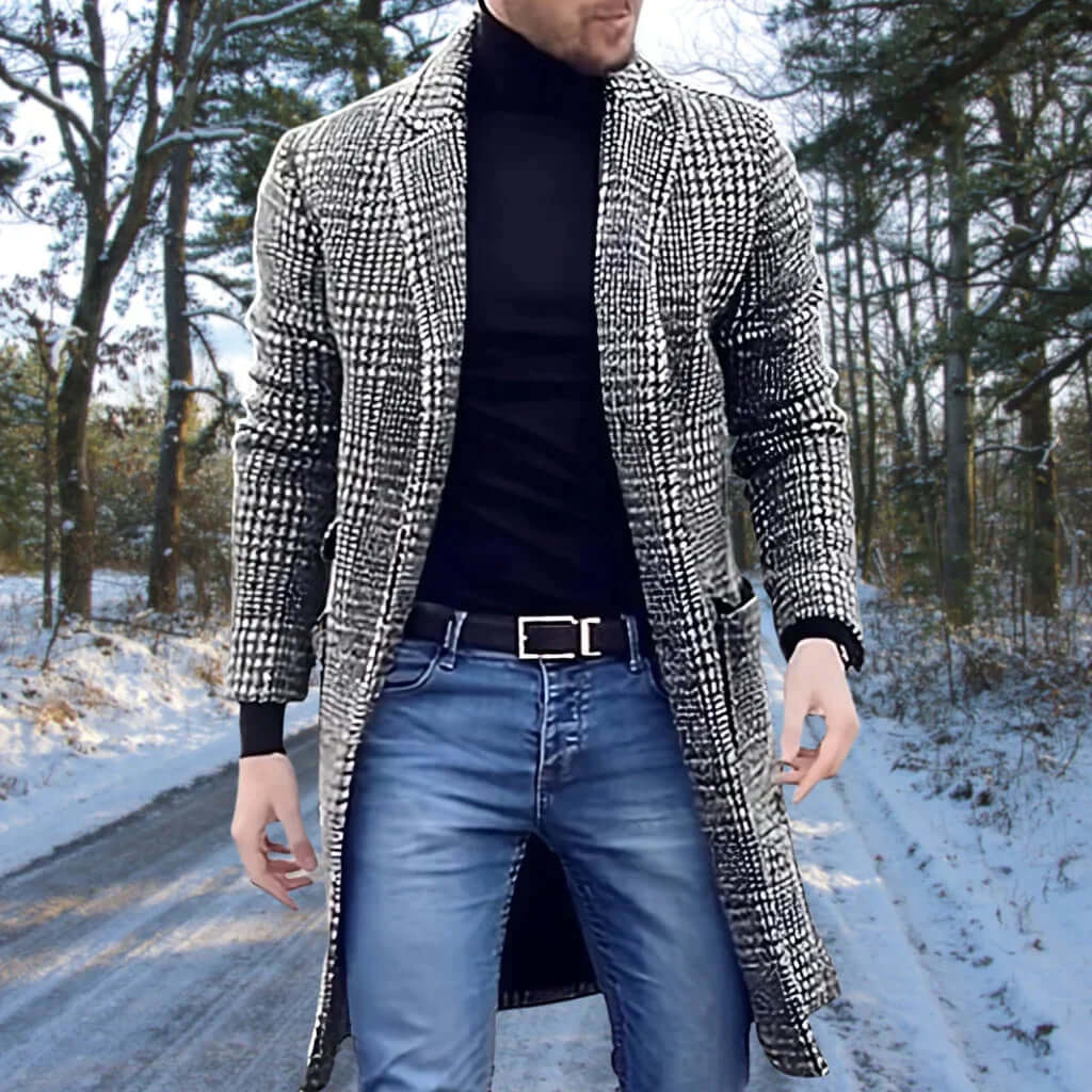 Men’s Trench Coat – Slim Fit – Wool Blend – Long Length – Checkered – Notch Lapel