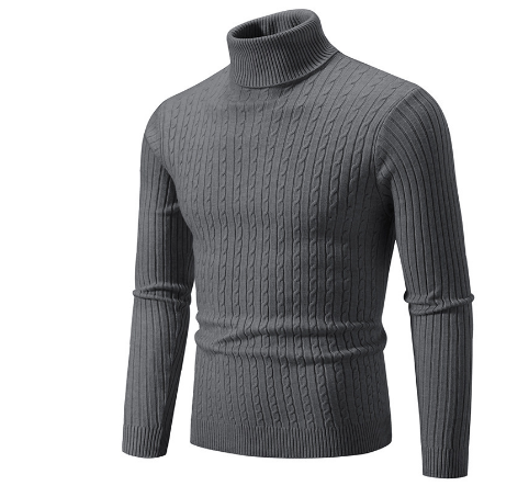Men’s Turtleneck Sweater – Slim Fit – Wool – Cable Knit – Ribbed Collar and Cuffs