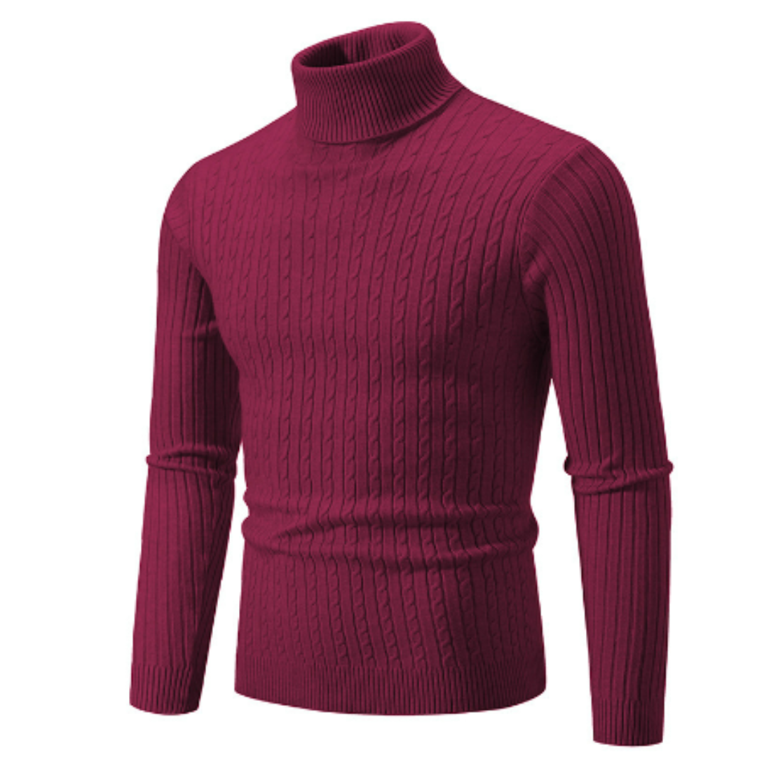 Men’s Turtleneck Sweater – Slim Fit – Wool – Cable Knit – Ribbed Collar and Cuffs