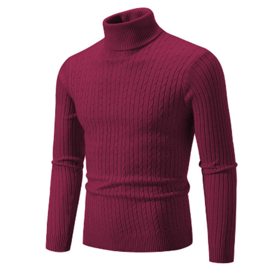 Men’s Turtleneck Sweater – Slim Fit – Wool – Cable Knit – Ribbed Collar and Cuffs