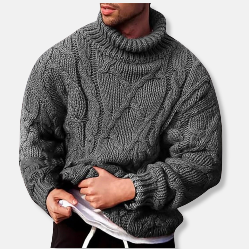 Men’s Turtleneck Sweater – Wool Blend – Relaxed Fit – Cable Knit – Ribbed Hem