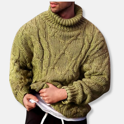Men’s Turtleneck Sweater – Wool Blend – Relaxed Fit – Cable Knit – Ribbed Hem