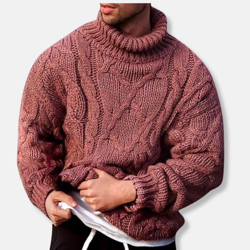Men’s Turtleneck Sweater – Wool Blend – Relaxed Fit – Cable Knit – Ribbed Hem