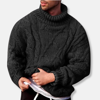 Men’s Turtleneck Sweater – Wool Blend – Relaxed Fit – Cable Knit – Ribbed Hem