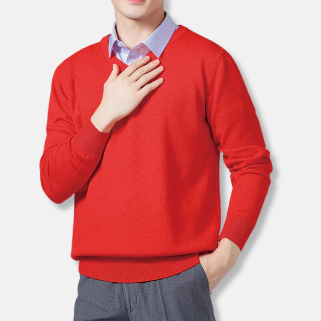 Men’s V-neck Sweatshirt – Relaxed Fit – Fine Gauge Knit – Ribbed Trim – Long Sleeve