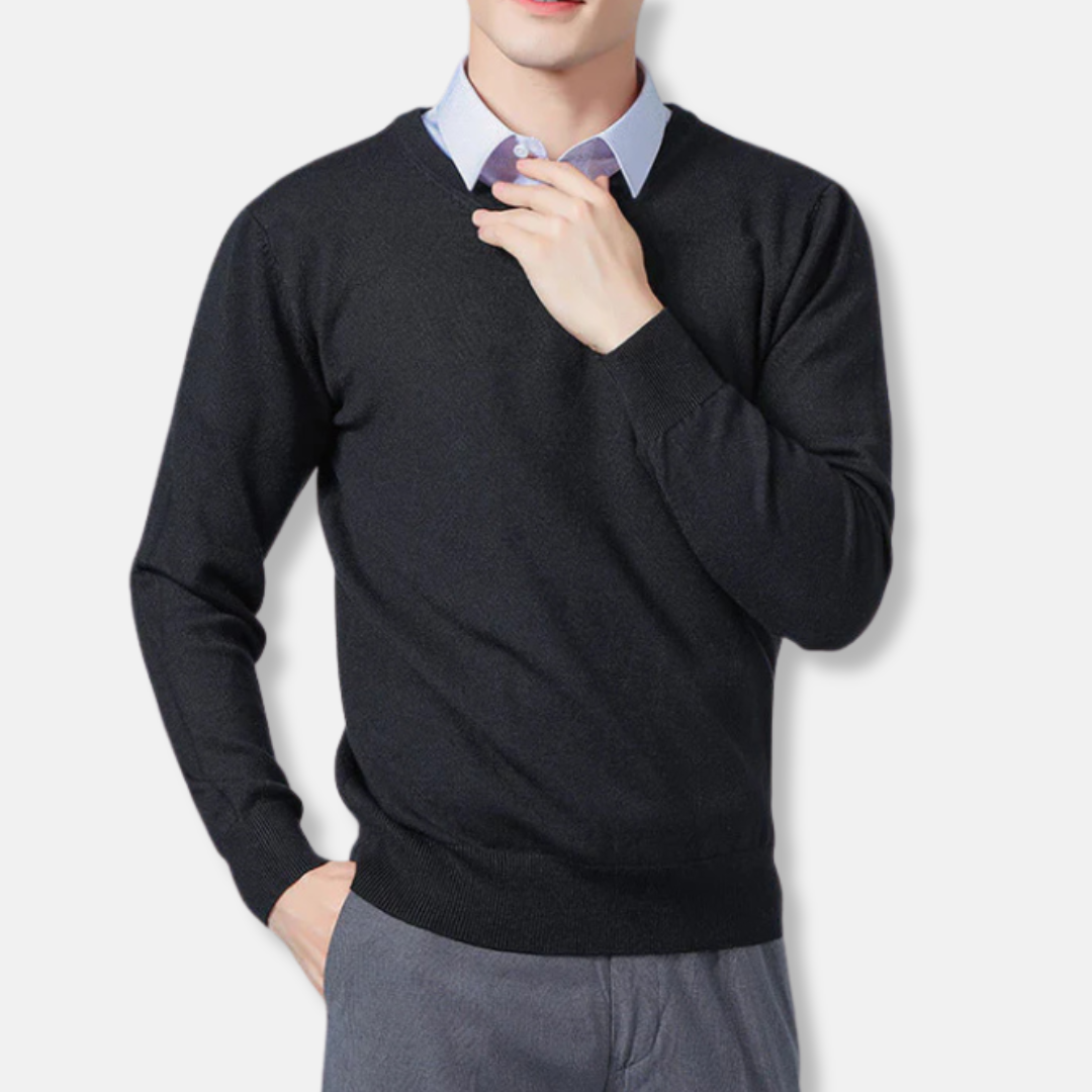 Men’s V-neck Sweatshirt – Relaxed Fit – Fine Gauge Knit – Ribbed Trim – Long Sleeve