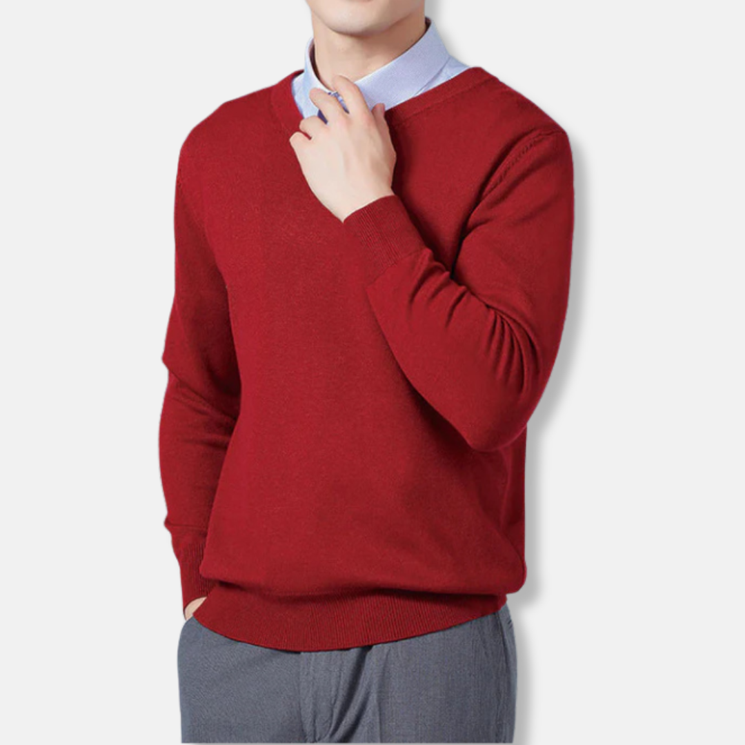 Men’s V-neck Sweatshirt – Relaxed Fit – Fine Gauge Knit – Ribbed Trim – Long Sleeve