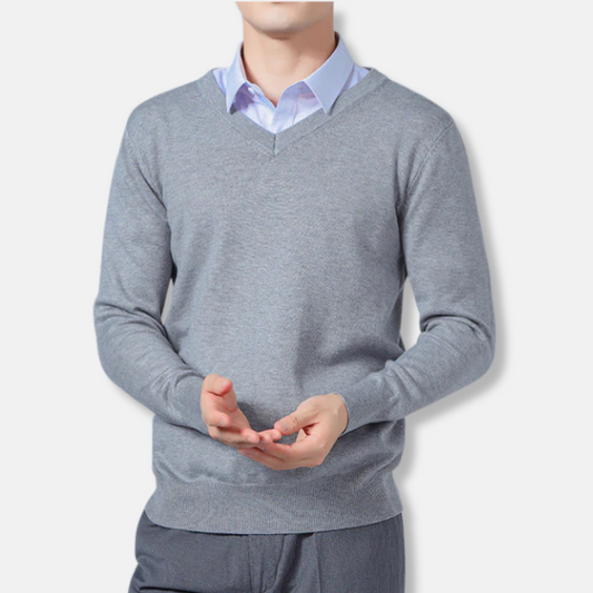 Men’s V-neck Sweatshirt – Relaxed Fit – Fine Gauge Knit – Ribbed Trim – Long Sleeve