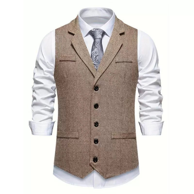 Men’s Vest – Slim Fit – Woven Fabric – Geometric Pattern – V-Neck – Five-Button