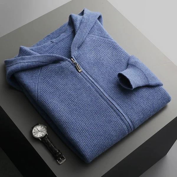 Men’s Zip Hoodie – Wool Blend Knit – Relaxed Fit – Ribbed Hem and Cuffs