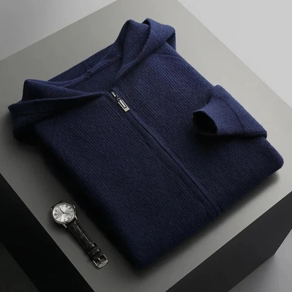 Men’s Zip Hoodie – Wool Blend Knit – Relaxed Fit – Ribbed Hem and Cuffs